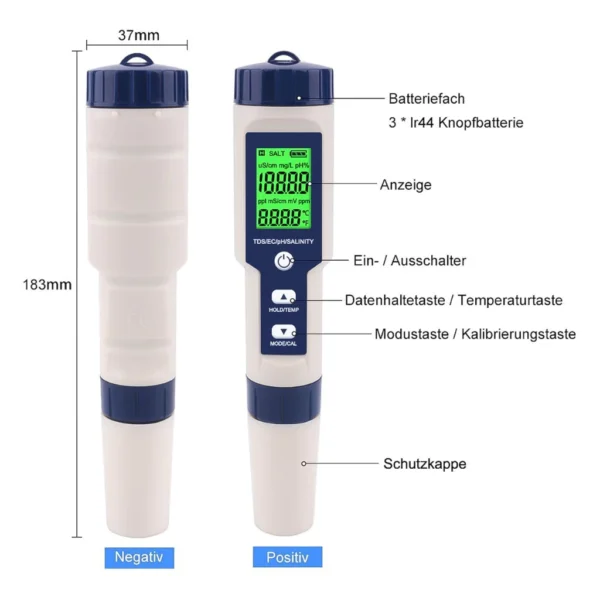 Bút đo độ mặn 5 trong 1 - Đo pH, TDS, EC - Kèm 3 gói dung dịch chuẩn pH